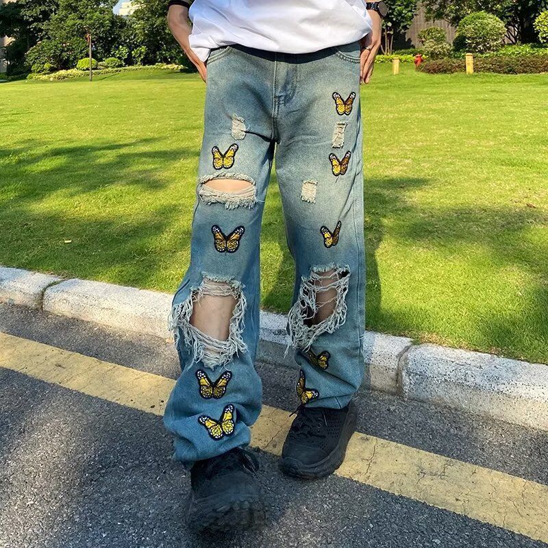 Butterfly Embroidered Torn Jeans For Men Butterfly Embroidered Torn Jeans For Men