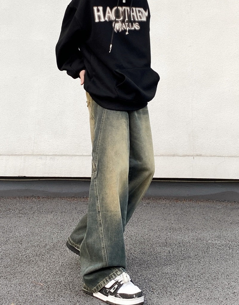 High Street American Retro Washed Distressed Yellow Mud Jeans Men High Street American Retro Washed Distressed Yellow Mud Jeans Men