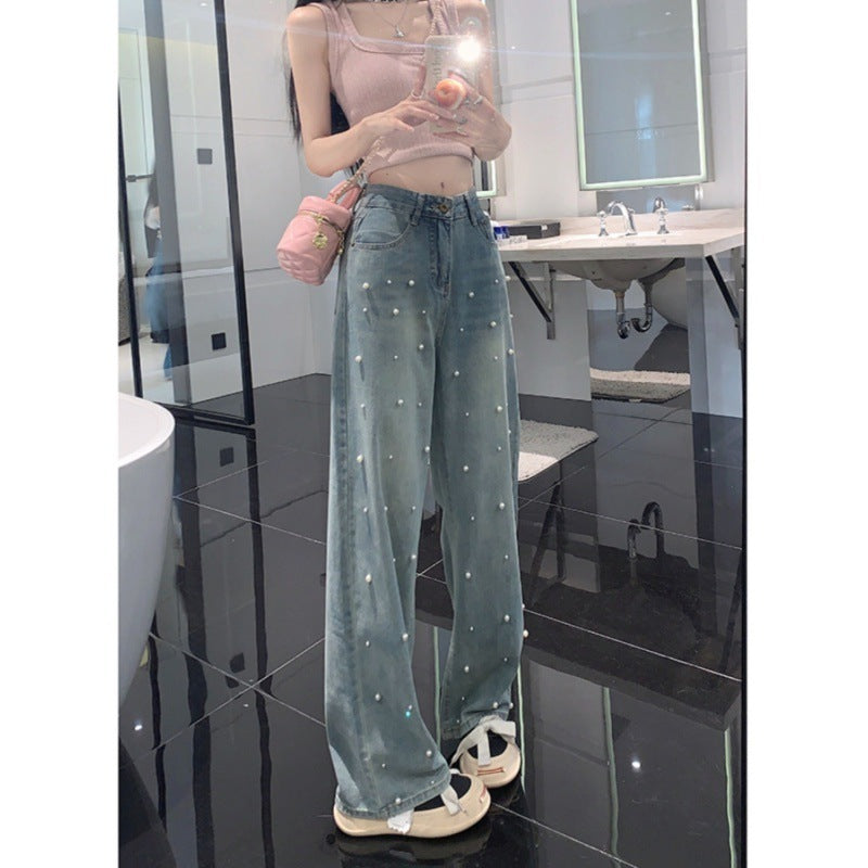 Pearl Straight Jeans High Waist Slim-fit Wide-leg Pants Women Pearl Straight Jeans High Waist Slim-fit Wide-leg Pants Women