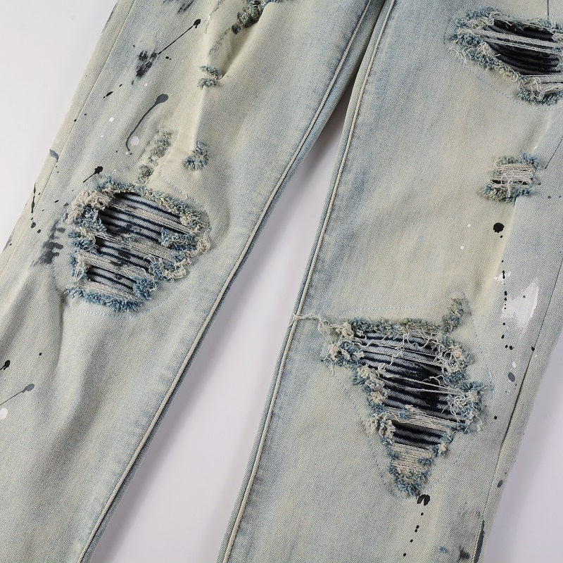 Light Colored Paint Splashing Ink Making Old Washed Jeans For Men Light Colored Paint Splashing Ink Making Old Washed Jeans For Men