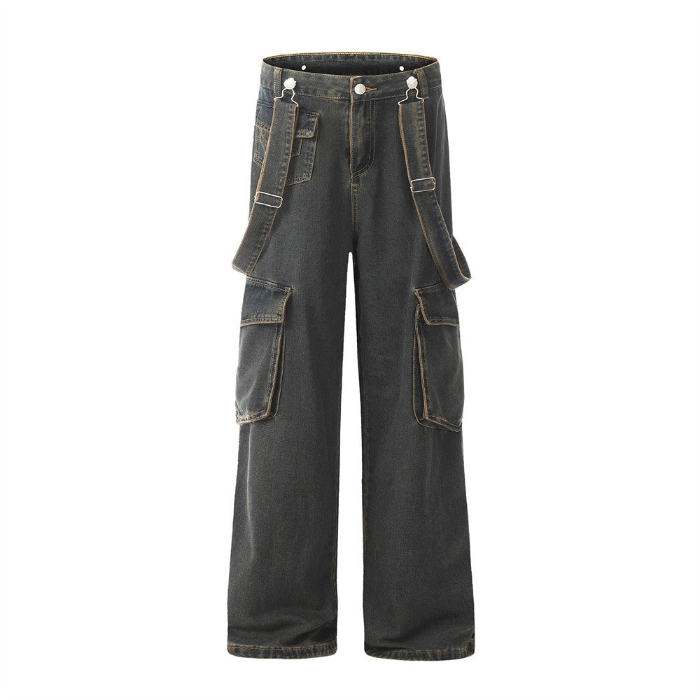 Ribbon Design Multi-pocket Workwear Denim Trousers Men Ribbon Design Multi-pocket Workwear Denim Trousers Men