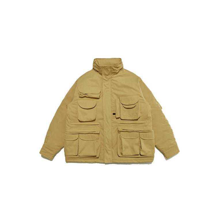 Multi Pocket Functional Work Coat Loose Warm Stand Collar Multi Pocket Functional Work Coat Loose Warm Stand Collar