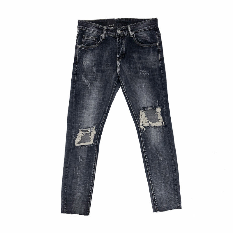 High Street Ripped Knee Jeans Cropped Pants Men High Street Ripped Knee Jeans Cropped Pants Men