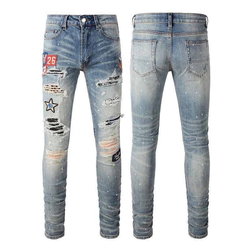 Medal Printed Badge Ripped Jeans Men Medal Printed Badge Ripped Jeans Men