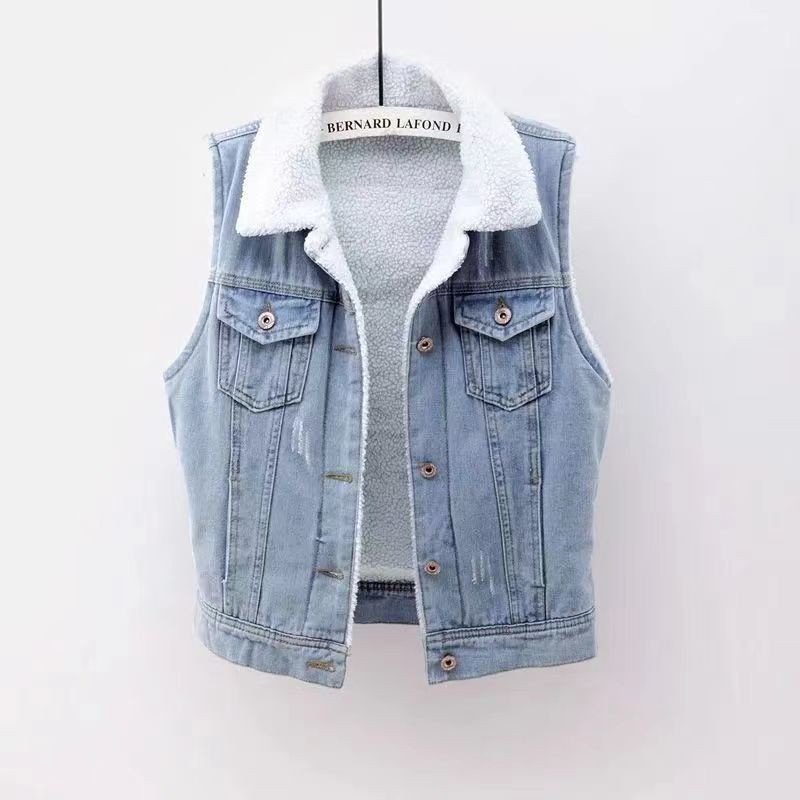 Lamb Wool Denim Cotton-padded Waistcoat Women Lamb Wool Denim Cotton-padded Waistcoat Women