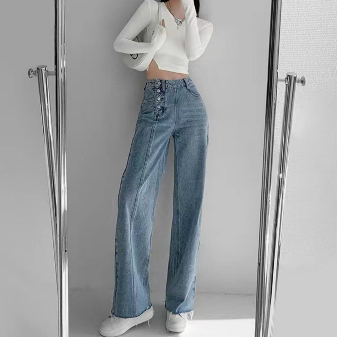 Irregular Breasted High Waist Jeans For Women Straight-leg Trousers Irregular Breasted High Waist Jeans For Women Straight-leg Trousers
