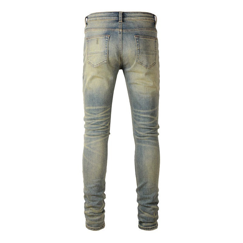 Red Printed Pleated Elastic Light Colored Jeans For Men Red Printed Pleated Elastic Light Colored Jeans For Men