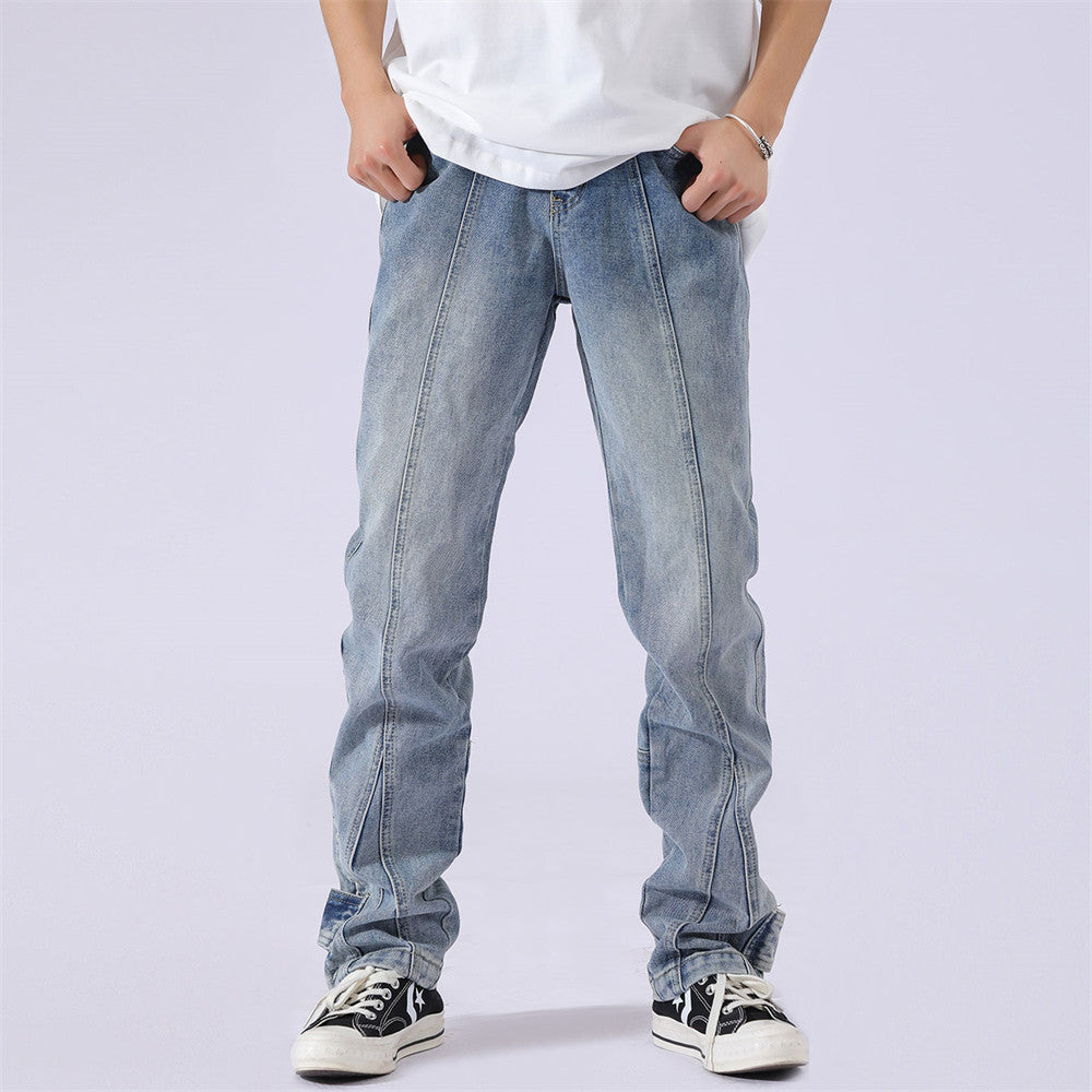 Solid Colour Patchwork Straight-leg Jeans For Men Solid Colour Patchwork Straight-leg Jeans For Men