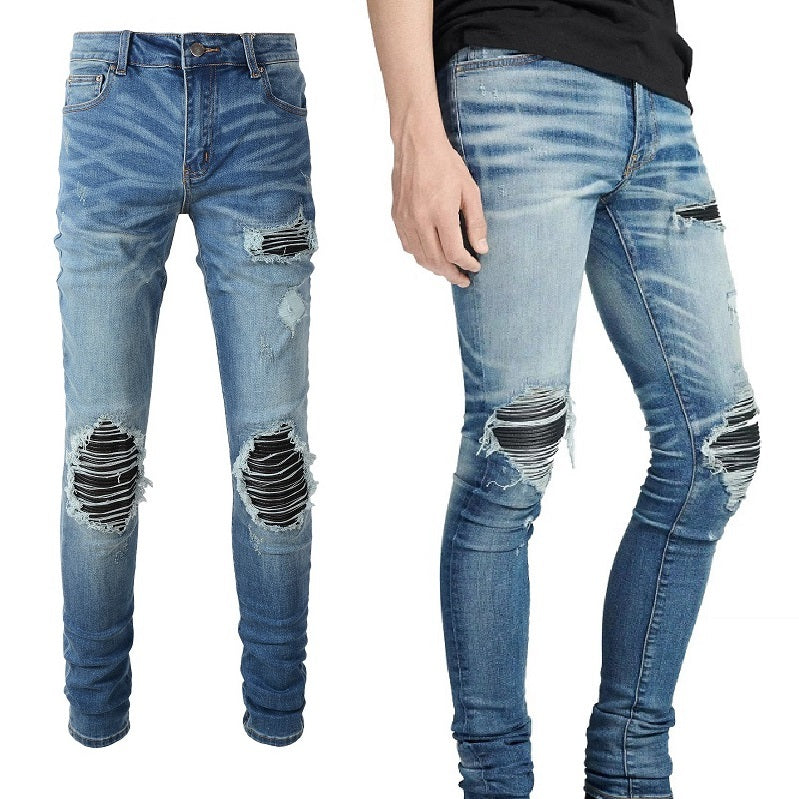 Leather Patching, Slimming, Worn-out Washed Jeans For Men Leather Patching, Slimming, Worn-out Washed Jeans For Men