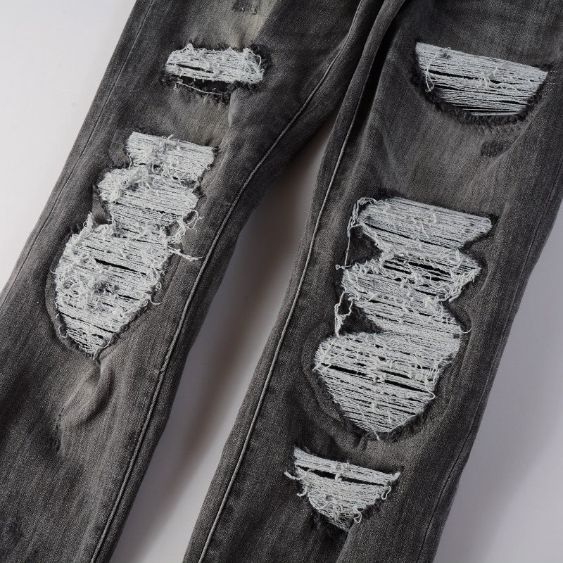 Non-mainstream Personality Patch Jeans Men's Cover Damage Gray Casual Pants Non-mainstream Personality Patch Jeans Men's Cover Damage Gray Casual Pants