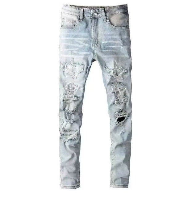 Punk Retro Blue Ripped Slim Elastic Printing Printing And Dyeing Feet Men's Jeans Punk Retro Blue Ripped Slim Elastic Printing Printing And Dyeing Feet Men's Jeans