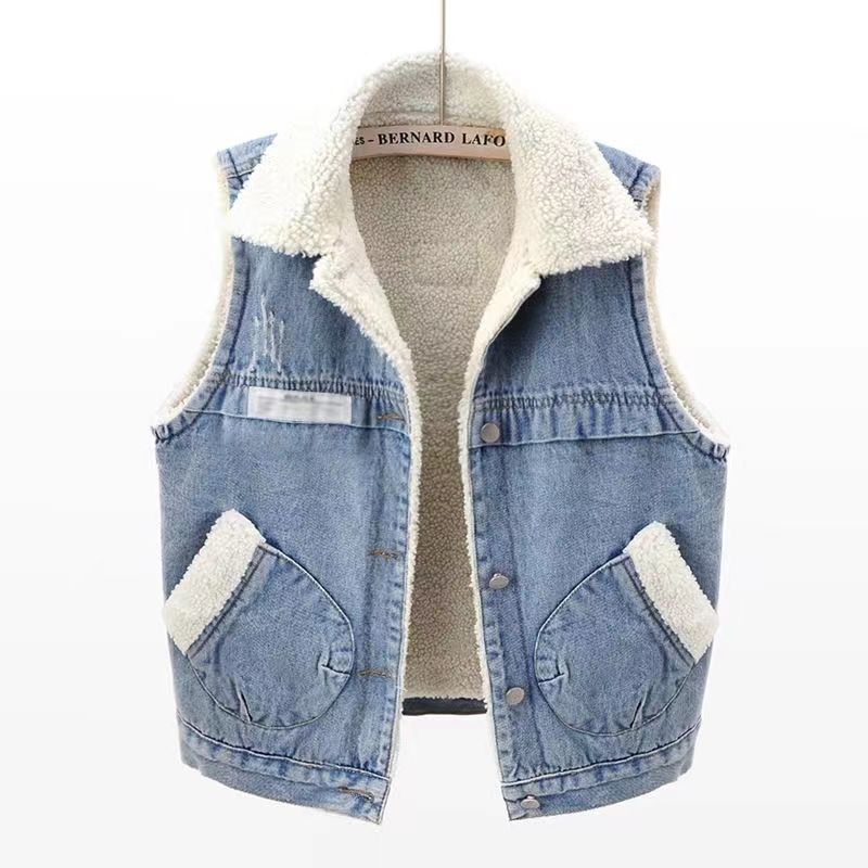 Lamb Wool Denim Cotton-padded Waistcoat Women Lamb Wool Denim Cotton-padded Waistcoat Women