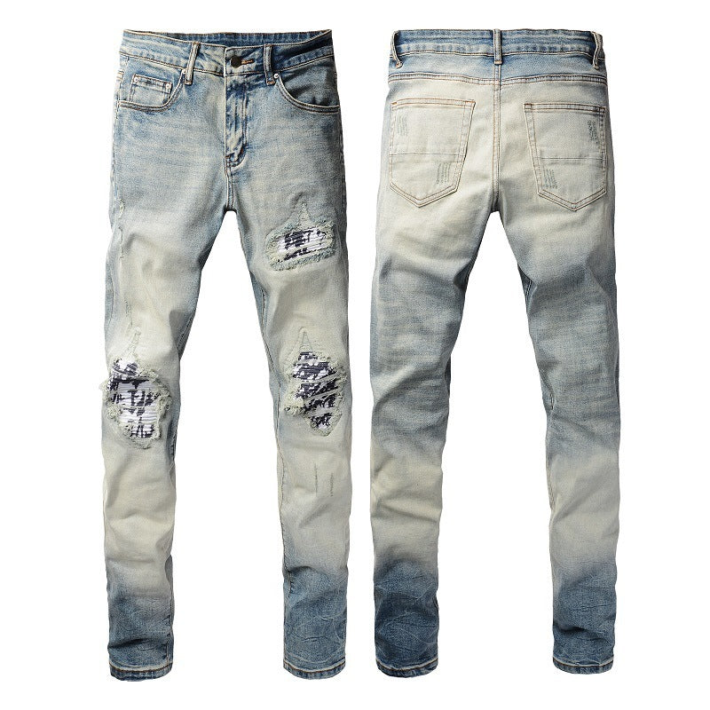 American High Street Fashionable Men's Ripped Black And White Patch Jeans American High Street Fashionable Men's Ripped Black And White Patch Jeans
