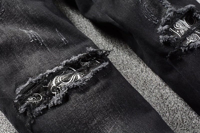 Black Cashew Flower Printed Patch Torn Jeans For Men Black Cashew Flower Printed Patch Torn Jeans For Men
