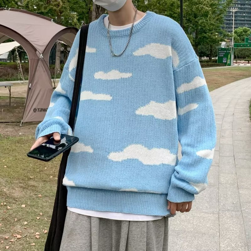 Vintage Blue Sky White Clouds Jacquard Loose-fitting Knitted Sweater Vintage Blue Sky White Clouds Jacquard Loose-fitting Knitted Sweater