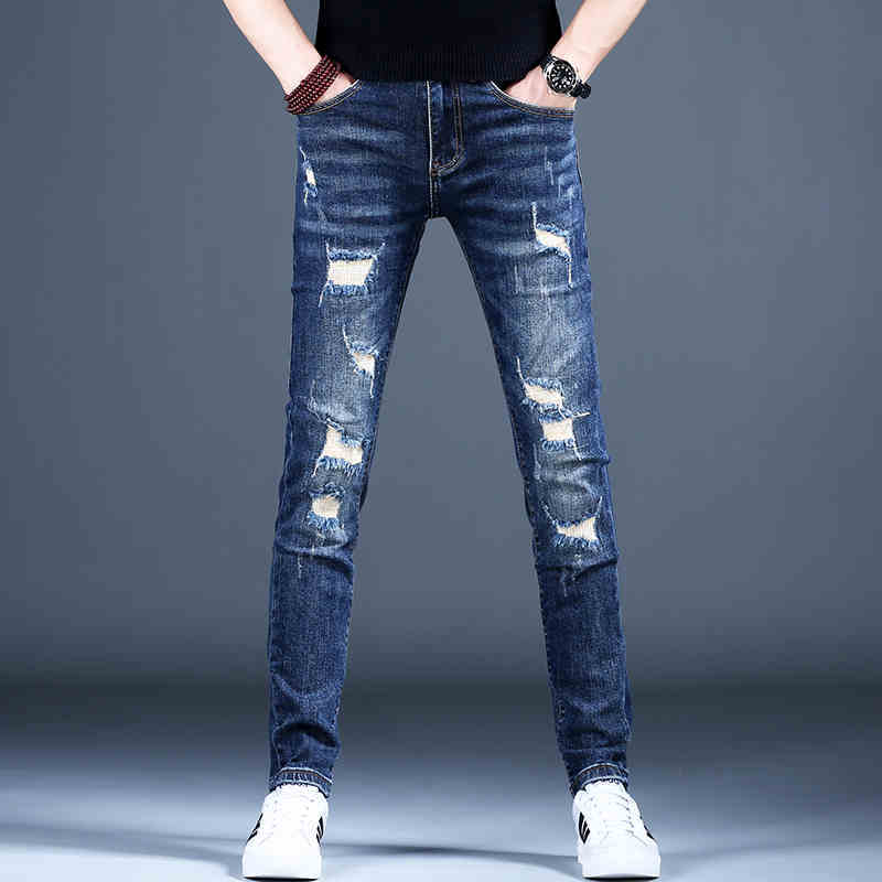 Ripped Fleece Padded Jeans Men's Stretch Casual Slim-fit Pants Ripped Fleece Padded Jeans Men's Stretch Casual Slim-fit Pants