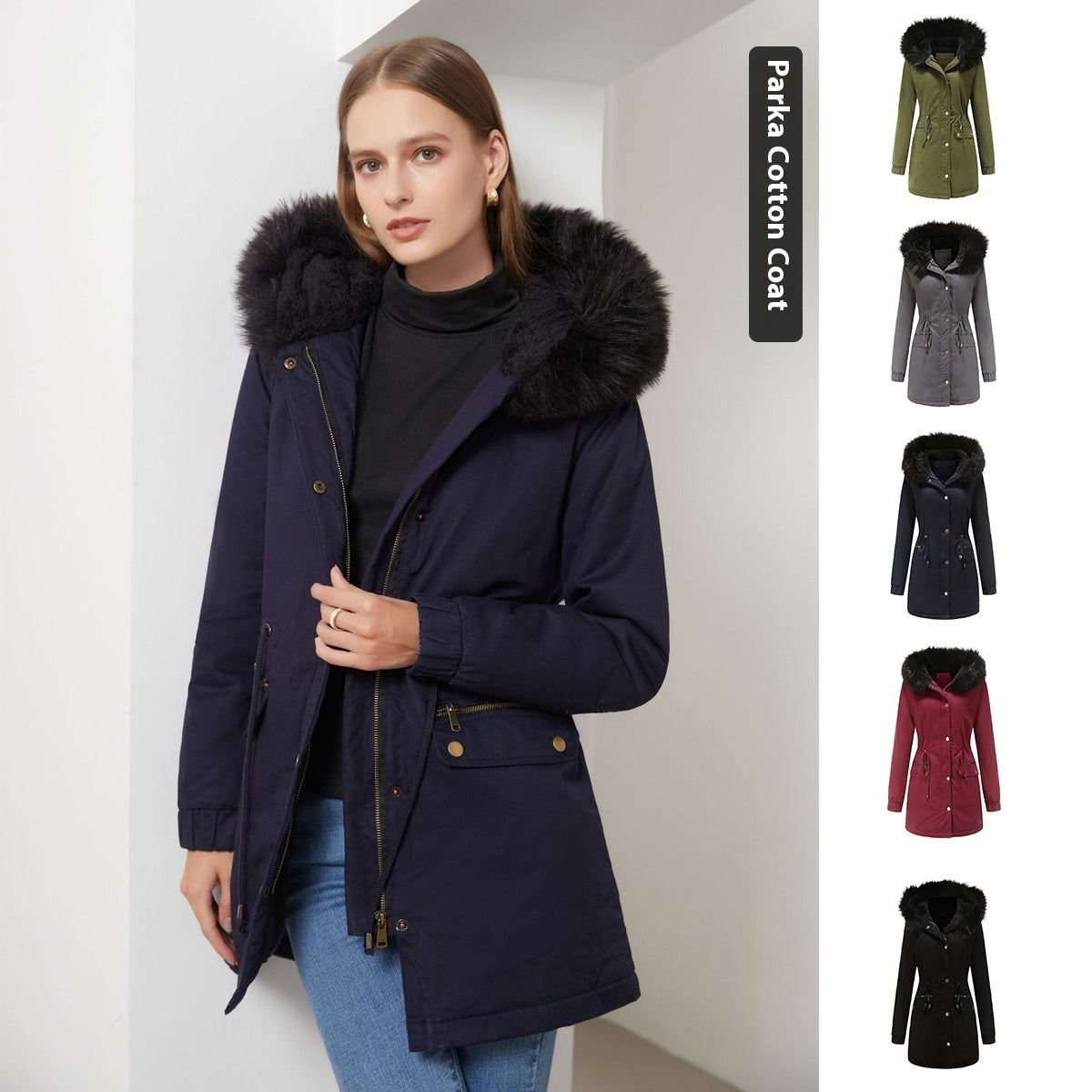 Women's Mid-length Fur Collar Coat Parker Cotton-padded Coat Women's Mid-length Fur Collar Coat Parker Cotton-padded Coat