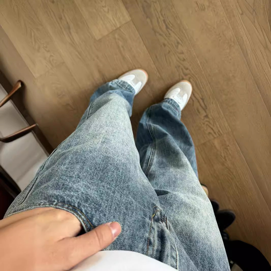 American Retro Washed Blue Wide Leg Jeans Men's Fashion Brand Cleanfit Straight All-matching Loose Casual Trousers American Retro Washed Blue Wide Leg Jeans Men's Fashion Brand Cleanfit Straight All-matching Loose Casual Trousers