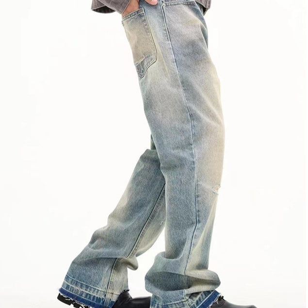 Loose Straight Leisure Washed-out Worn Jeans Men Loose Straight Leisure Washed-out Worn Jeans Men