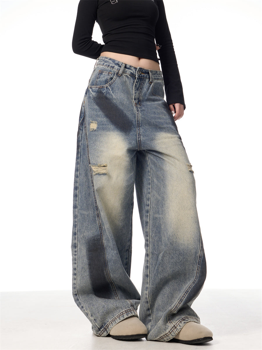Splash Ink Ripped Machete Jeans For Women Loose-fitting Wide-leg Trousers Splash Ink Ripped Machete Jeans For Women Loose-fitting Wide-leg Trousers