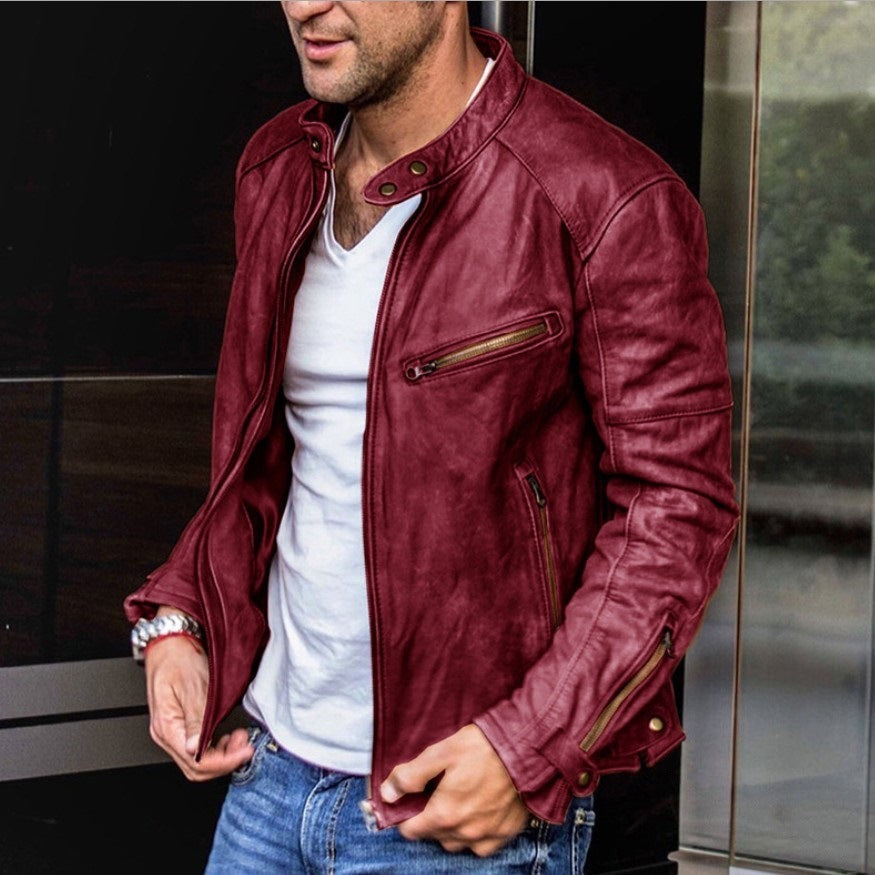 Fall Winter Men PU Leather Stand Collar Punk Fall Winter Men PU Leather Stand Collar Punk