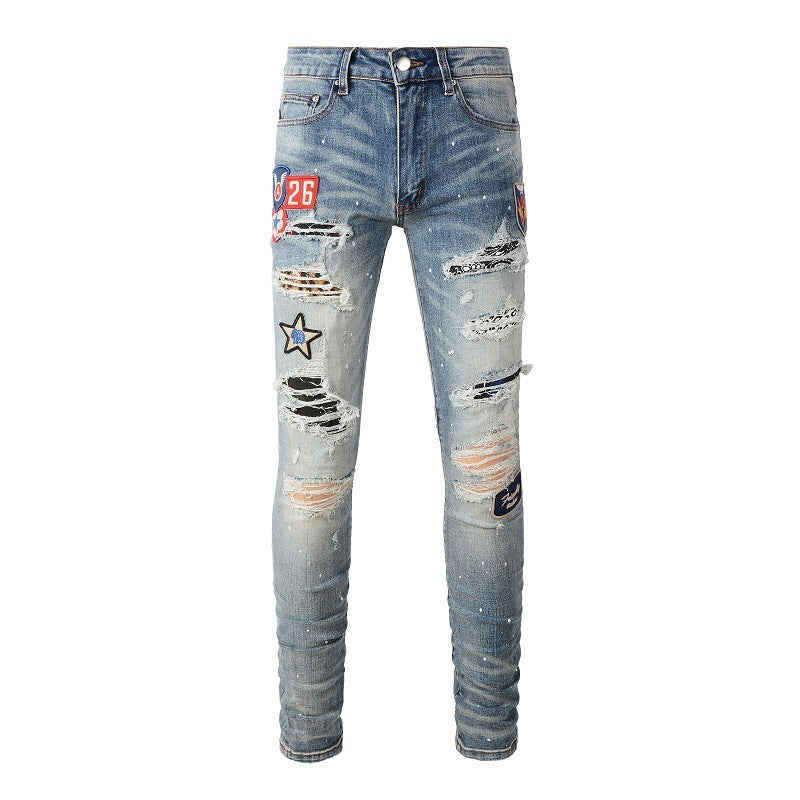 Medal Printed Badge Ripped Jeans Men Medal Printed Badge Ripped Jeans Men