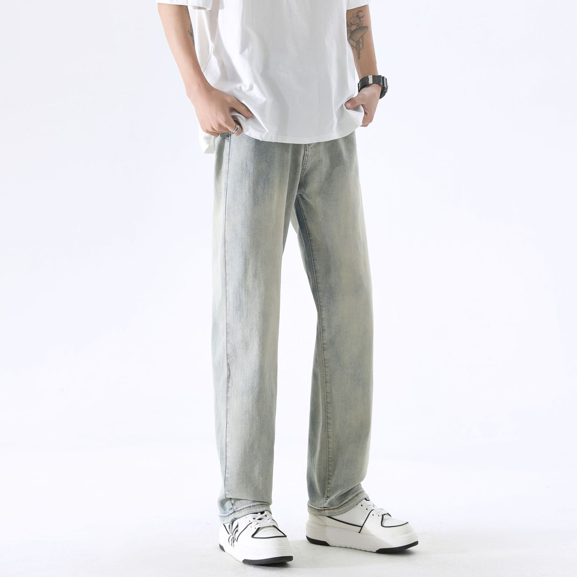 Distressed Yellow Mud Dyed Stretch Jeans For Men Distressed Yellow Mud Dyed Stretch Jeans For Men