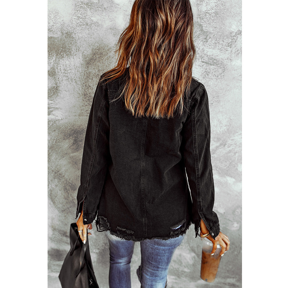 Black Ripped Shirt Denim Long Sleeve Coat Jacket Women Black Ripped Shirt Denim Long Sleeve Coat Jacket Women