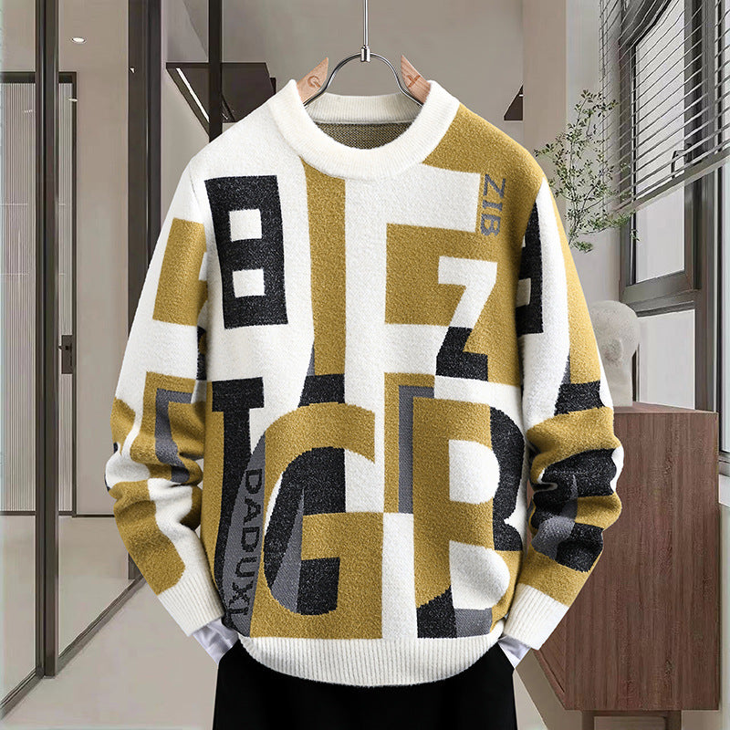 Men's Letter Jacquard Round Neck Loose Casual Sweater Men's Letter Jacquard Round Neck Loose Casual Sweater