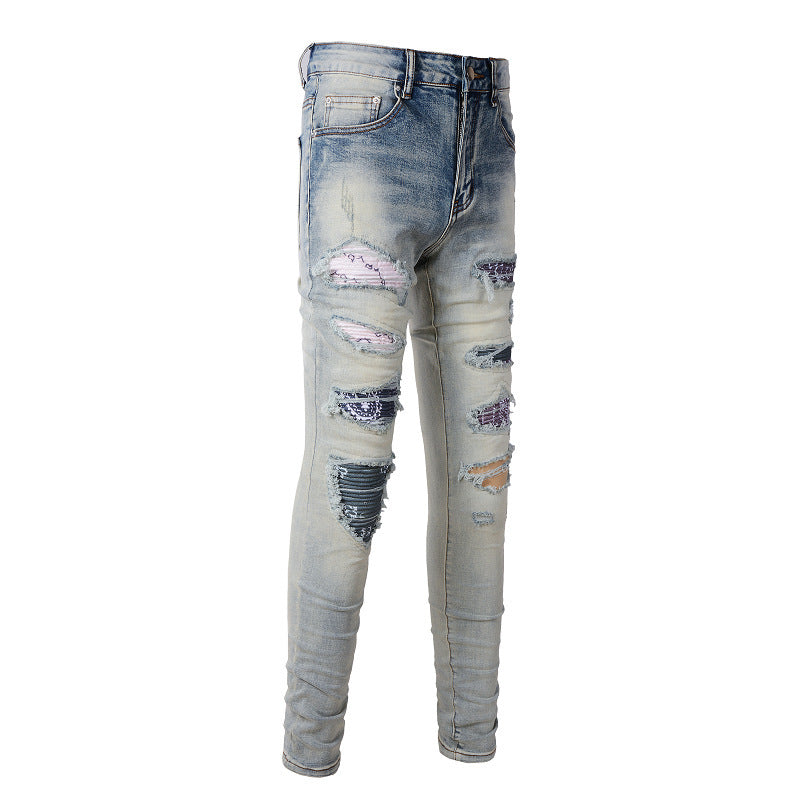 Men's Broken Holes Pants High Street Fashion Brand Patch Beggar Knee-exposed Jeans Men's Broken Holes Pants High Street Fashion Brand Patch Beggar Knee-exposed Jeans