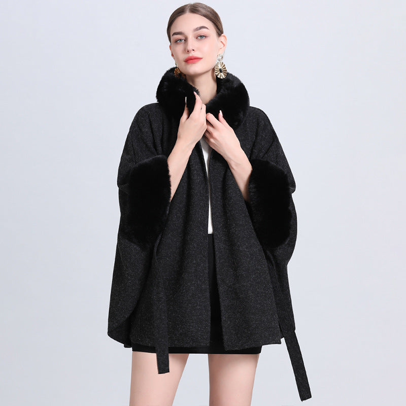 Rabbit Fur Collar Knitted Shawl Cape Lace-up Woolen Coat Rabbit Fur Collar Knitted Shawl Cape Lace-up Woolen Coat