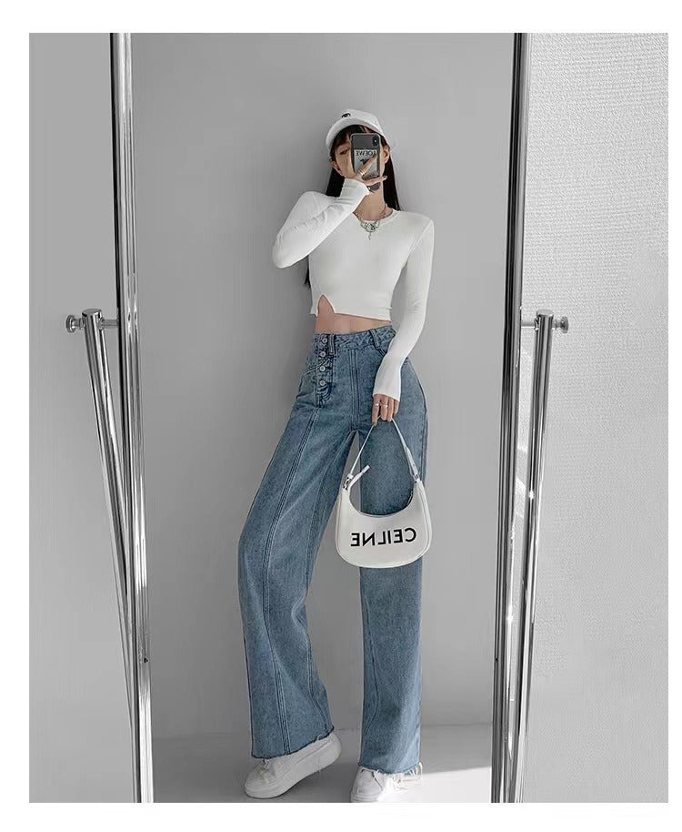 Irregular Breasted High Waist Jeans For Women Straight-leg Trousers Irregular Breasted High Waist Jeans For Women Straight-leg Trousers