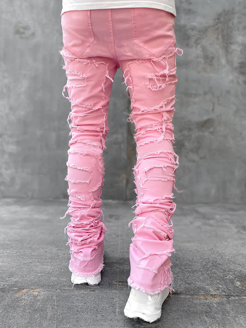 Men Trousers Individual Patched Pants Long Tight Fit Stacked Jeans For Mens Clothing Men Trousers Individual Patched Pants Long Tight Fit Stacked Jeans For Mens Clothing