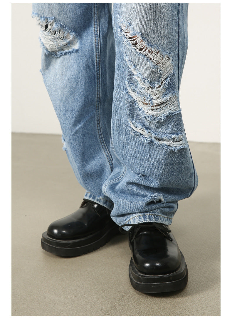 Washed Blue With Holes Straight Jeans For Men Washed Blue With Holes Straight Jeans For Men
