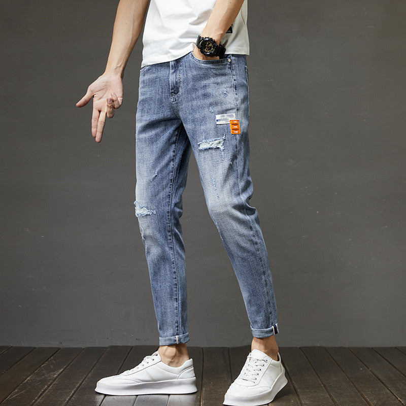 Men's Ripped Denim Slim-fitting Ankle Length Trousers Pants Men's Ripped Denim Slim-fitting Ankle Length Trousers Pants