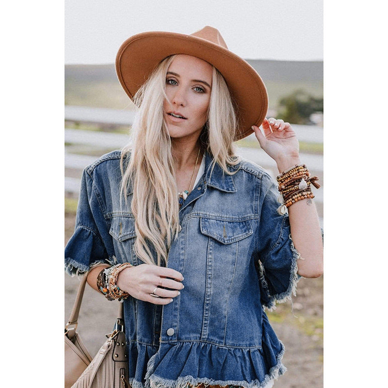Ruffled Short Sleeves Tops For Women Loose Denim Jacket Ruffled Short Sleeves Tops For Women Loose Denim Jacket