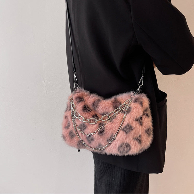 Winter Plush Bags Chain Shoulder Bag Women Flowers Print Handbags Winter Plush Bags Chain Shoulder Bag Women Flowers Print Handbags