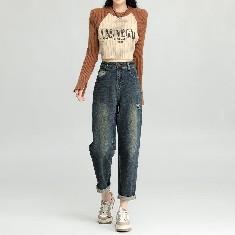 Water Washed Hole Harem Jeans Women Water Washed Hole Harem Jeans Women