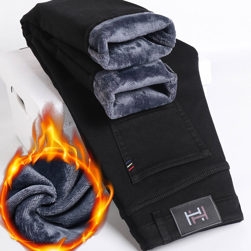 Fleece Padded Jeans Men's Straight Slim Elastic Thickening Fleece Padded Jeans Men's Straight Slim Elastic Thickening
