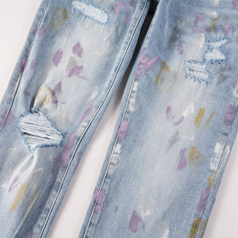 European And American Autumn Retro Colorful Paint-splashing Style Graffiti Stretch Men's Jeans European And American Autumn Retro Colorful Paint-splashing Style Graffiti Stretch Men's Jeans