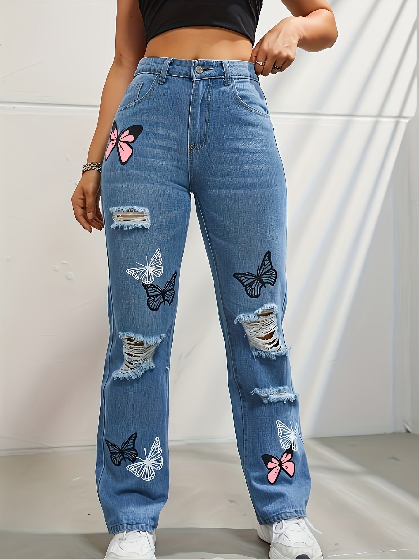 High Waisted Straight Leg Jeans For Women Trendy Butterfly Print Ripped Distressed Denim Pants High Waisted Straight Leg Jeans For Women Trendy Butterfly Print Ripped Distressed Denim Pants