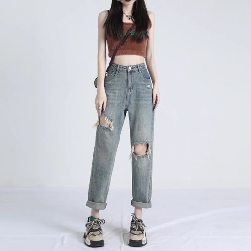 Ripped Daddy Jeans For Women Spring And Autumn 2024 New High Waist Loose Small Ripped Daddy Jeans For Women Spring And Autumn 2024 New High Waist Loose Small