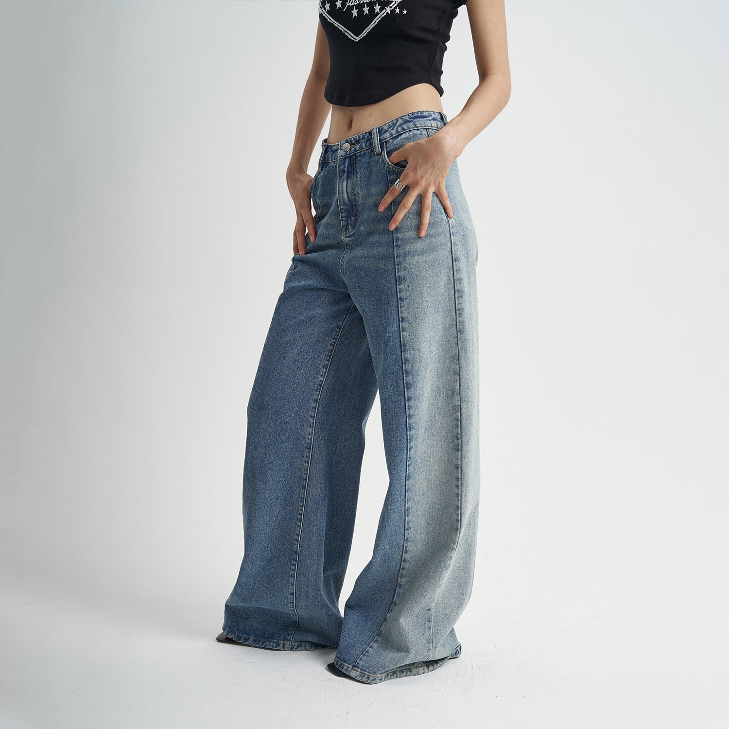 Washed Blue Jeans Loose Stitching Women Washed Blue Jeans Loose Stitching Women