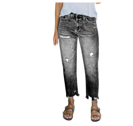 European And American Holes Light Blue Casual Nine-piece Straight Jeans Women European And American Holes Light Blue Casual Nine-piece Straight Jeans Women