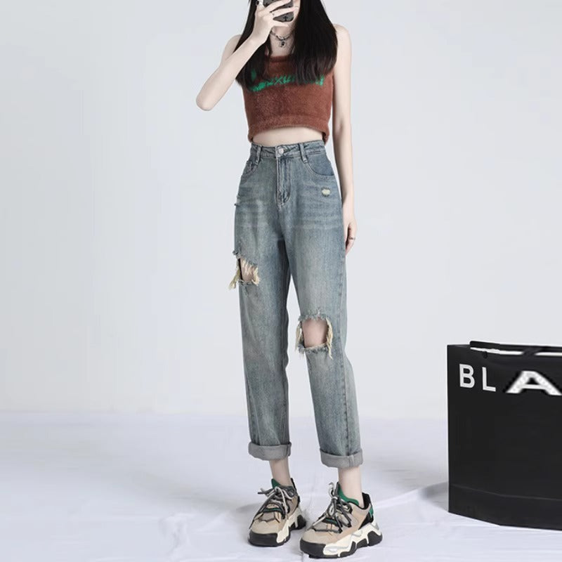 Ripped Daddy Jeans For Women Spring And Autumn 2024 New High Waist Loose Small Ripped Daddy Jeans For Women Spring And Autumn 2024 New High Waist Loose Small