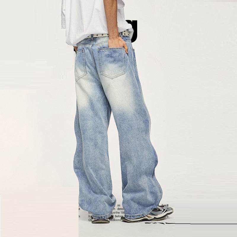Street White Washed Wave Wide Leg Jeans Men Street White Washed Wave Wide Leg Jeans Men