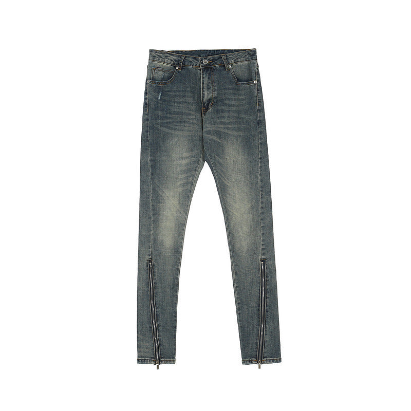 Distressed Slim-fit Jeans With Zipper Straight Pants Distressed Slim-fit Jeans With Zipper Straight Pants