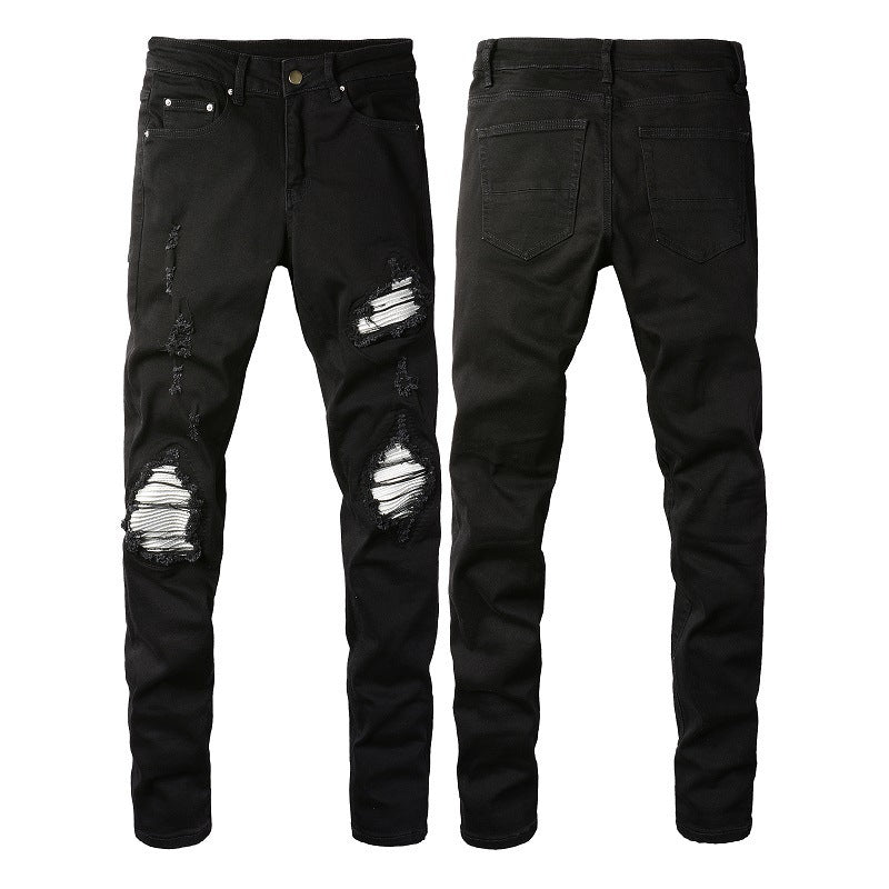 European And American Men's Slim-fit Ripped Silver Patch Jeans European And American Men's Slim-fit Ripped Silver Patch Jeans