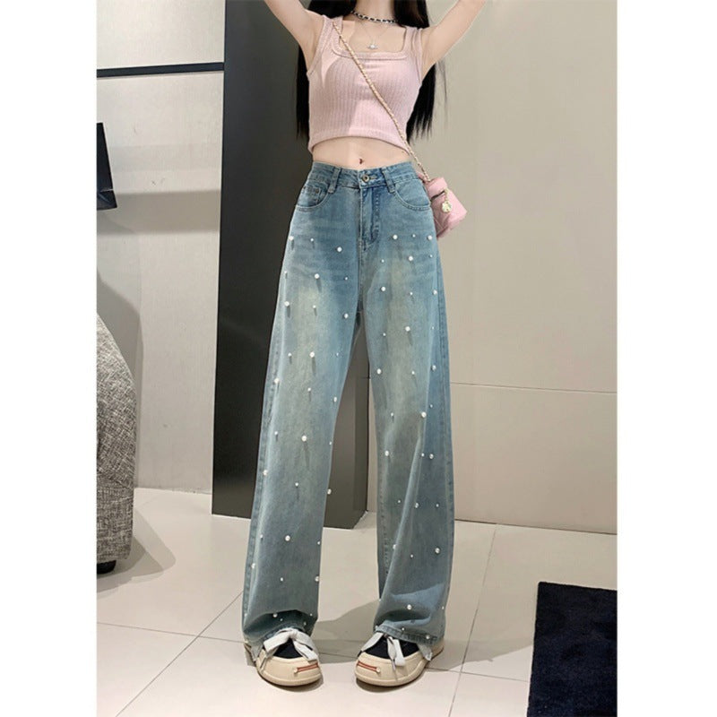 Pearl Straight Jeans High Waist Slim-fit Wide-leg Pants Women Pearl Straight Jeans High Waist Slim-fit Wide-leg Pants Women