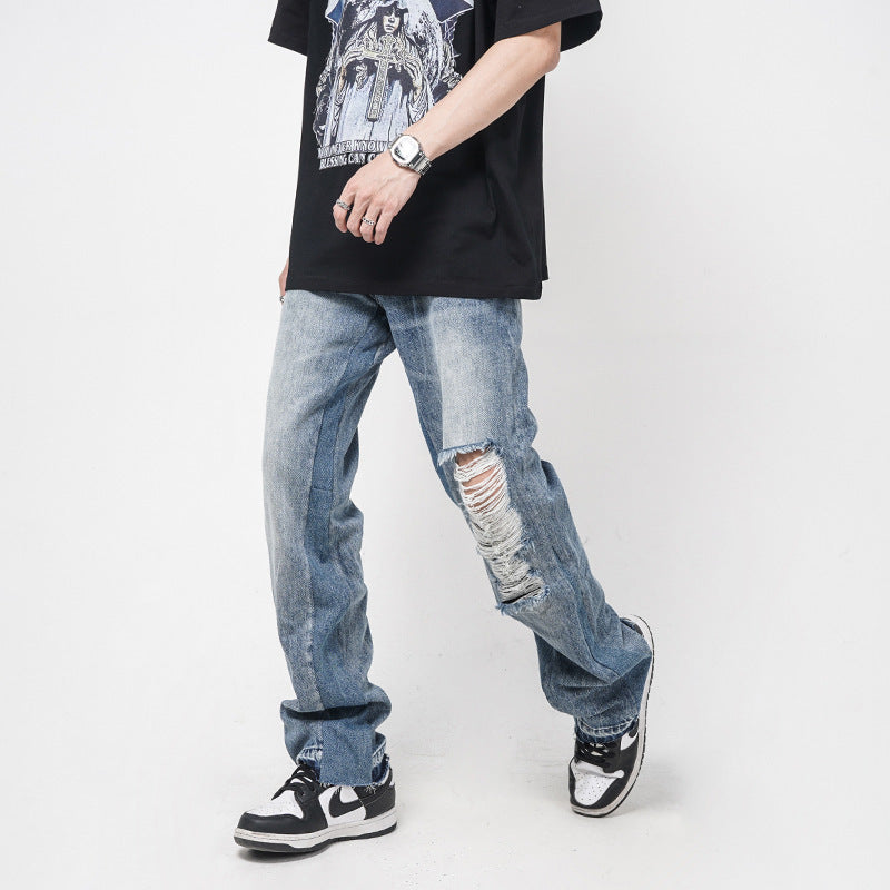 Men's Straight Loose Hole Jeans Men's Straight Loose Hole Jeans